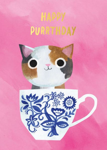Pink Teacup Cat - Foil Card