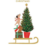 Dogs On Sled With Tree - Christmas Card