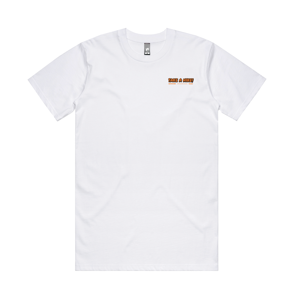 White t-shirt with a small logo on the chest against a white background