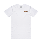 White t-shirt with a small logo on the chest against a white background