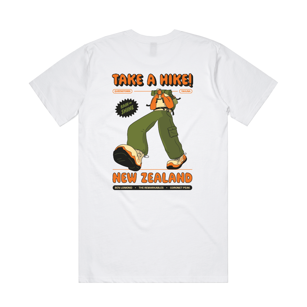 White t-shirt with a graphic of a person hiking and text 'Take a hike! New Zealand' 