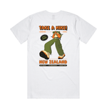 White t-shirt with a graphic of a person hiking and text 'Take a hike! New Zealand' 