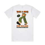 White t-shirt with a graphic of a person hiking and text 'Take a hike! New Zealand' 