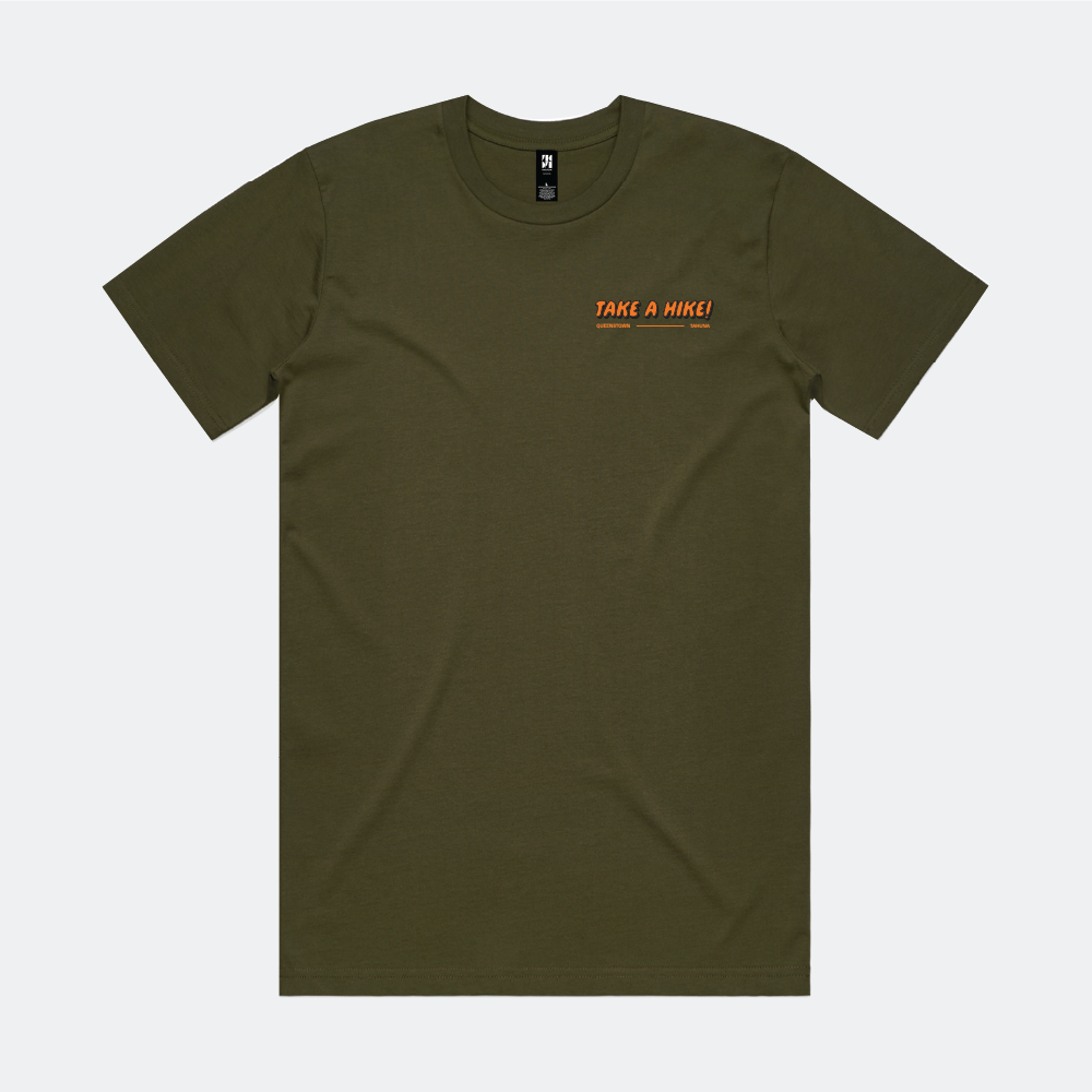 Green t-shirt with 'Take a Hike! Orange text on front left chest