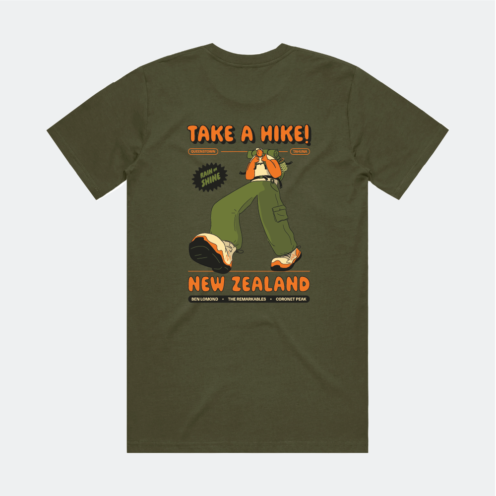 Green t-shirt with 'Take a Hike! New Zealand' graphic of cartoon walking