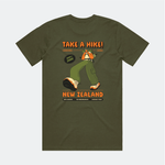 Green t-shirt with 'Take a Hike! New Zealand' graphic of cartoon walking
