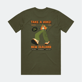 Green t-shirt with 'Take a Hike! New Zealand' graphic of cartoon walking