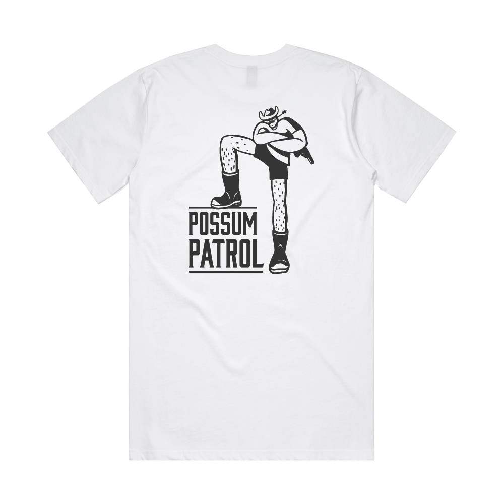 White t-shirt with black graphic of Possum ranger and the text Possum Patrol