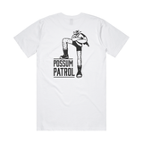 White t-shirt with black graphic of Possum ranger and the text Possum Patrol