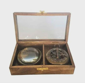 Wooden Glass Top Gift Box Set/2 Compass, Magnifier