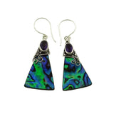 NZ Paua Shell & Amethyst Facet Triangle - Stg Silver Earring
