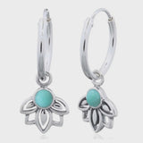 Earring Dainty Lotus Turquoise on Hoop / Sterling Silver