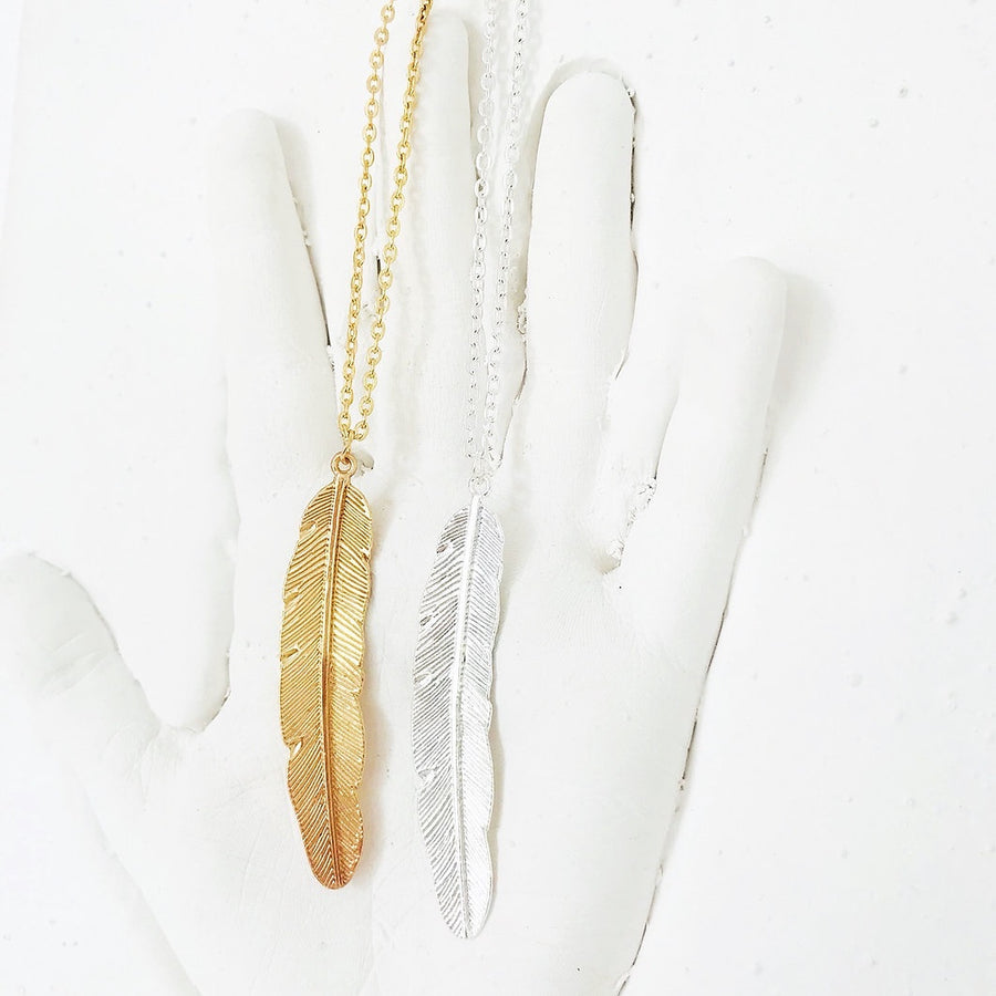 Casted Feather Pendant Necklace - Silver