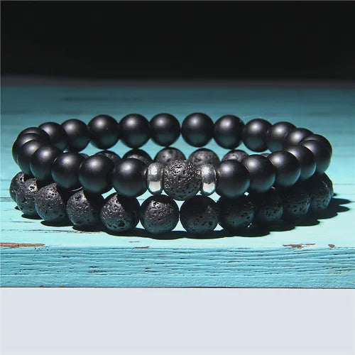 Men's Black Beads & Lava Stone Bracelet Set