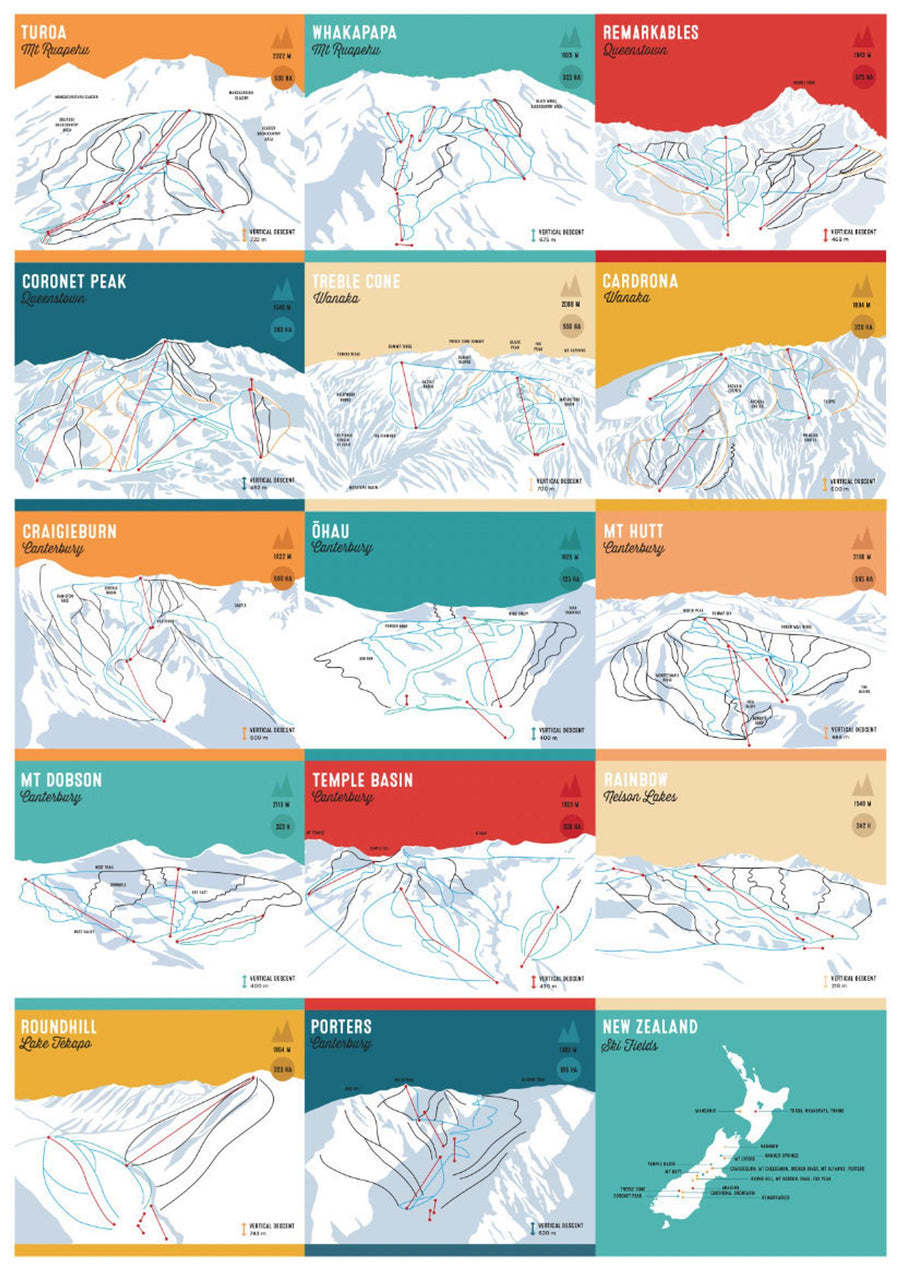 NZ Ski Maps - A3 Print