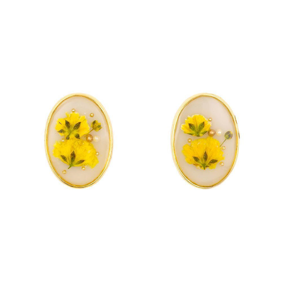Big Oval Flower Yellow Cream Earrings